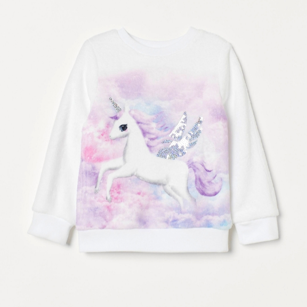 Unicorn Print Super Soft Kids Sweatshirt - White & Purple With Sequin Wings 6-8Y